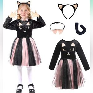 Wbesty Black Cat Costume for Girls: Dress with Tutu, tail collar, Mask and Ears